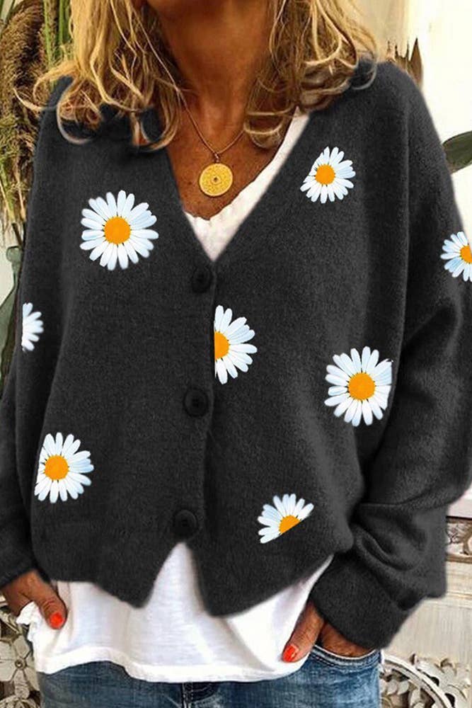 Daisy V-neck Cardigans: Grey / M