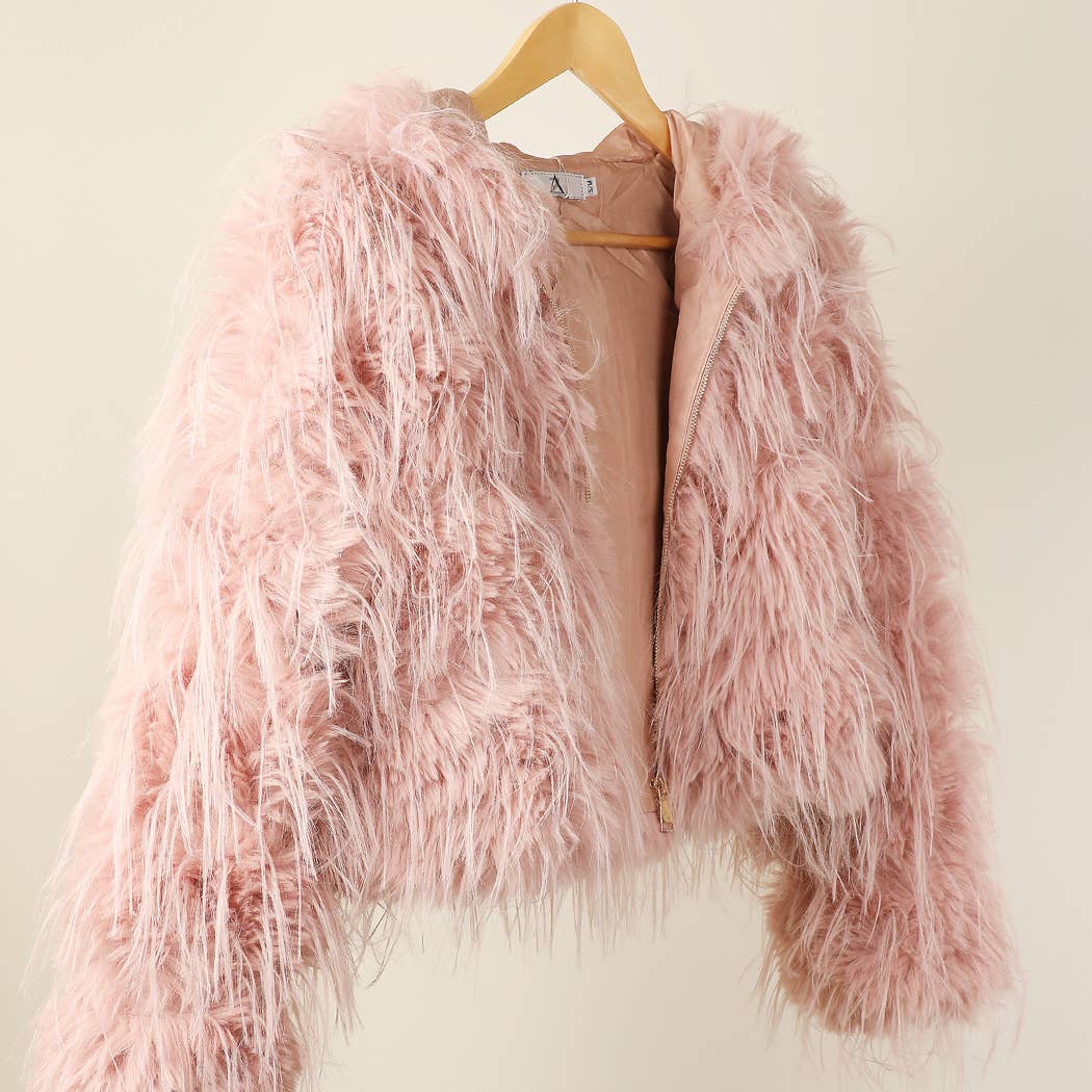 Faux Fur Zip Jacket: Beige / L/XL