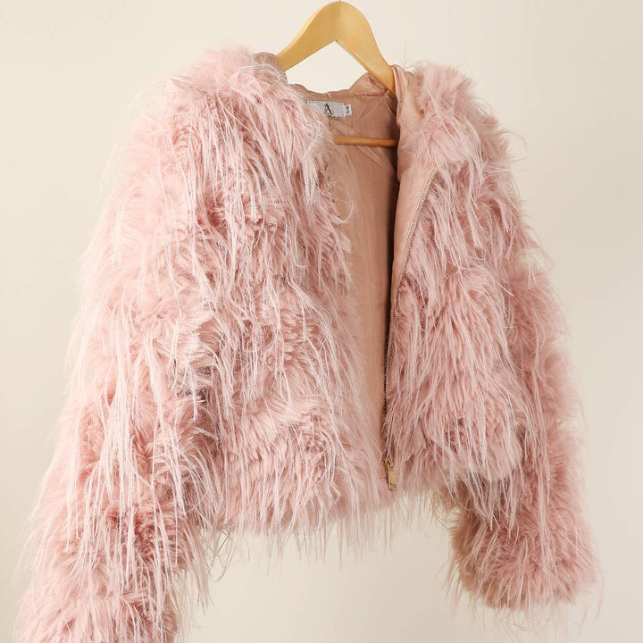 Faux Fur Zip Jacket: Beige / L/XL