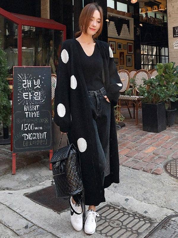 Polka-dot Printed Long Cover-up: BLACK / FREE SIZE