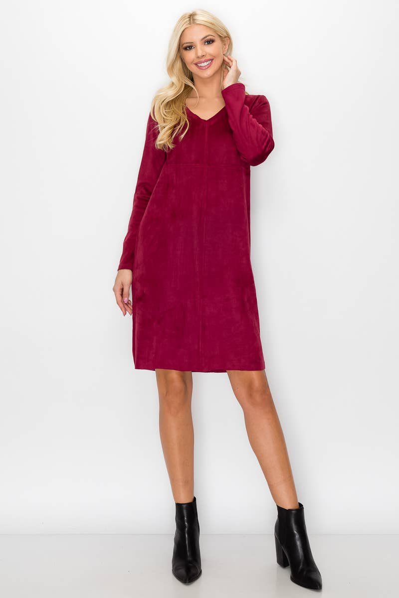 Aurora V-Neck Suede Dress: UMBER / M / 2059V