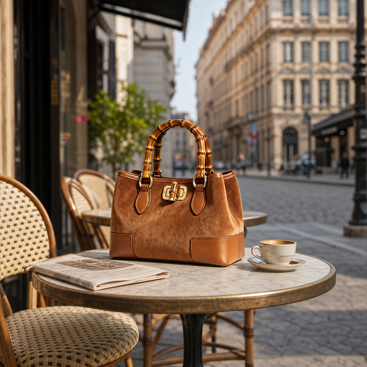 Suede Bag with leather bamboo handles: Cuoio