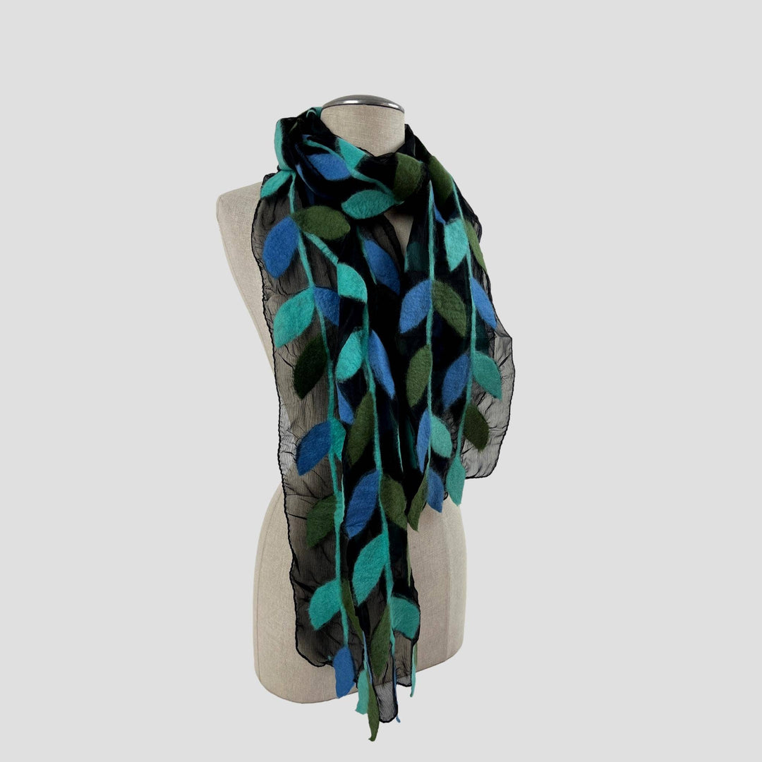Leaf Merino Wool Handmade Felt Scarf: Gold-Green