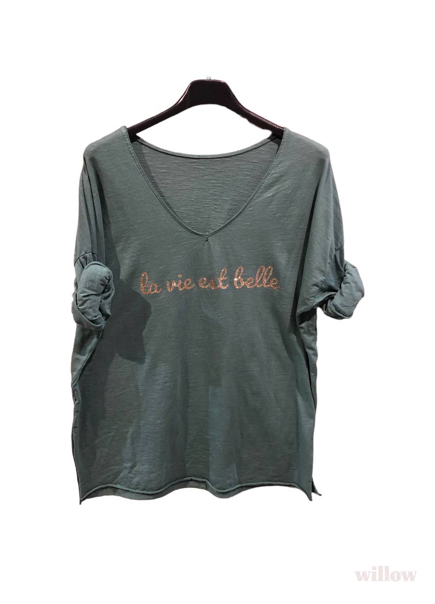 “Life is beautiful” cotton t-shirt: Camel