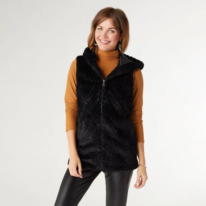 Faux Fur Hooded Vest: Black / S/M