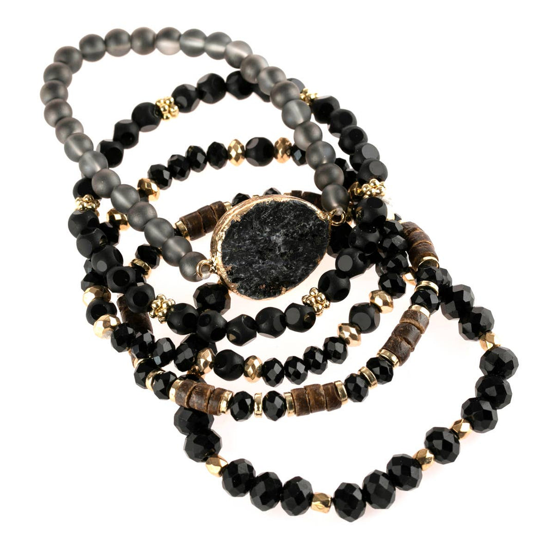 NATURAL STONE CHARM MIXED BRACELETS: BLACK