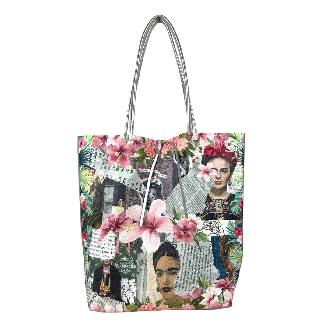 Leather Shopper Bag with Frida Kahlo: Blue