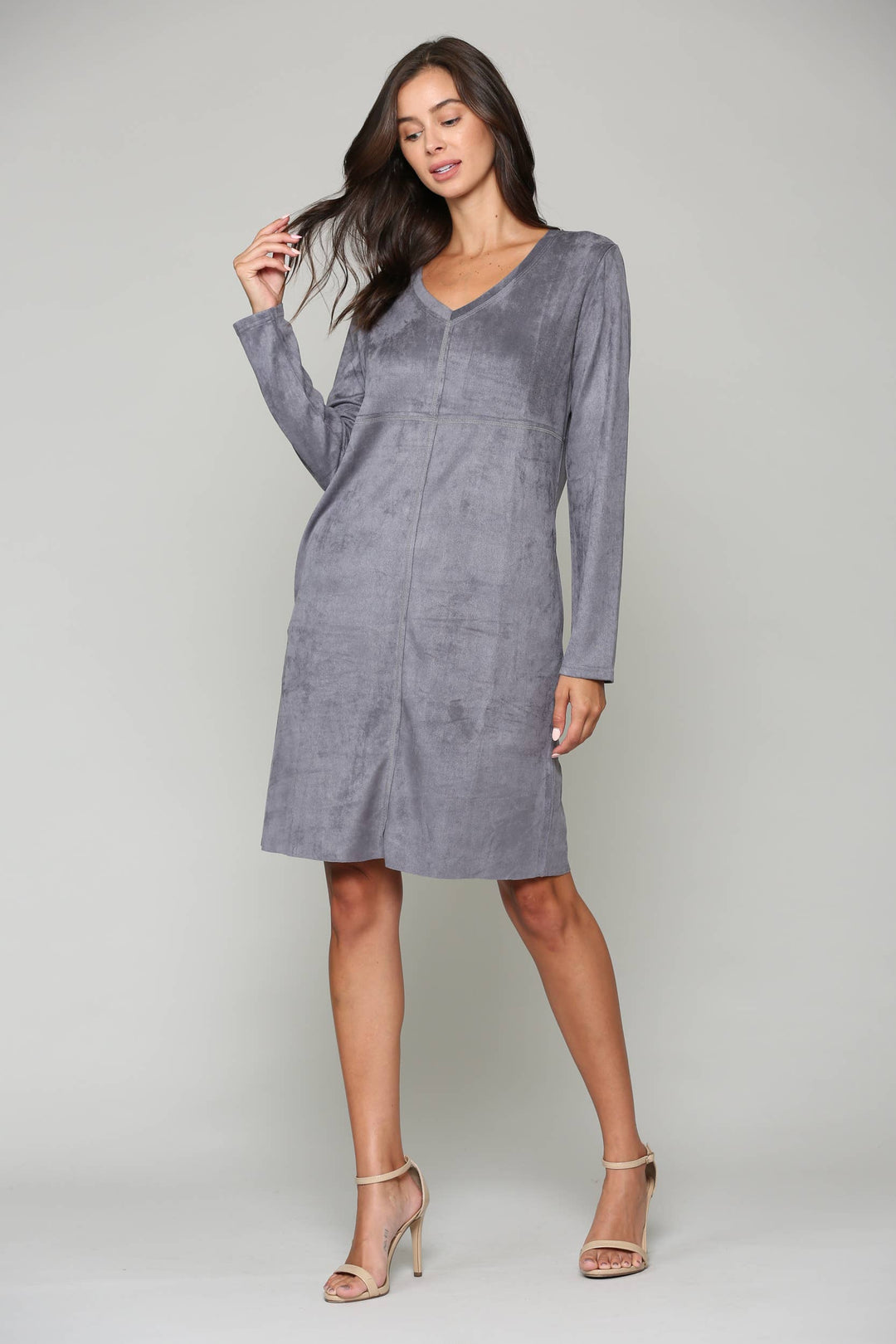 Aurora V-Neck Suede Dress: BLK / M / 2059V-NP
