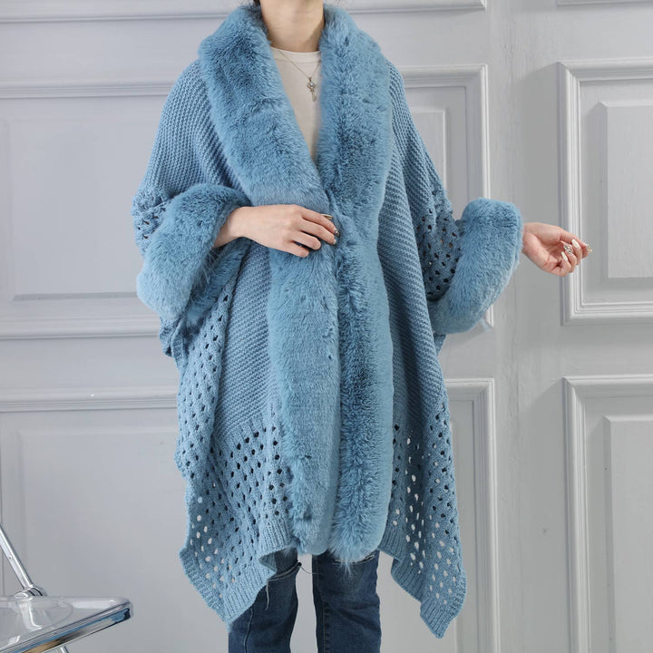 PE364 Hand knitted crochet fur trim cape: Silver