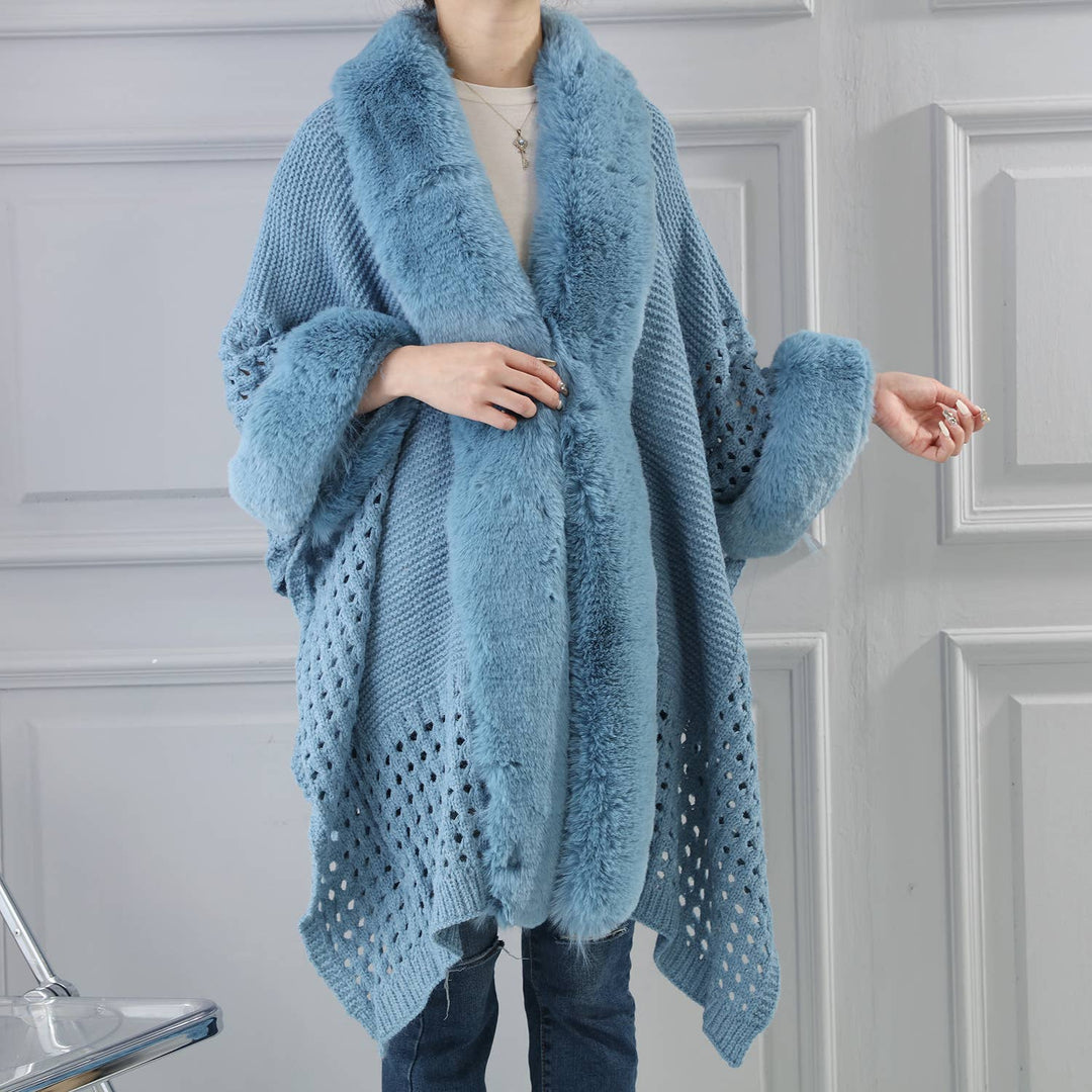 PE364 Hand knitted crochet fur trim cape: Black