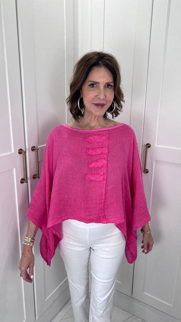 Hallie Crinkle Linen 3/4 Slv Top Coral