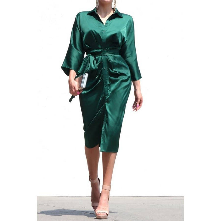 SATIN DRESS WITH WAIST TIE: BURGUNDY / S