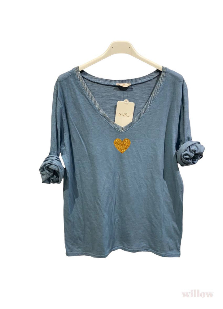 Gold heart long sleeve lurex collar top: Blush