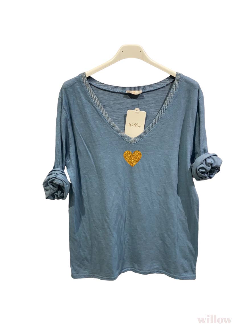 Gold heart long sleeve lurex collar top: Navy