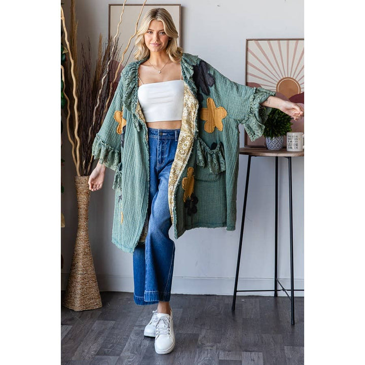 FLOWER LACE RUFFLE DUSTER: BLACK