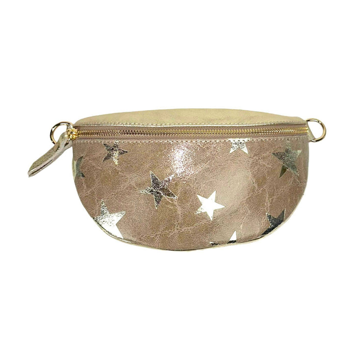 Metallic Leather Waist Bag with Star Print: Brown