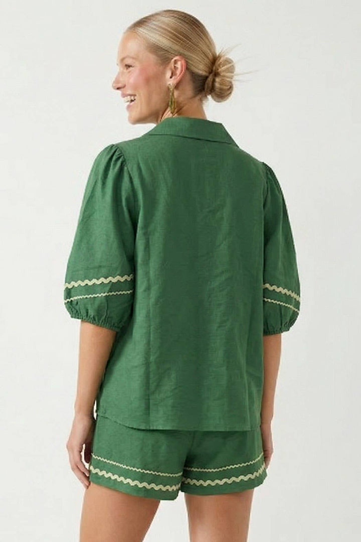 Puff Sleeve Linen Blouse: Red / L