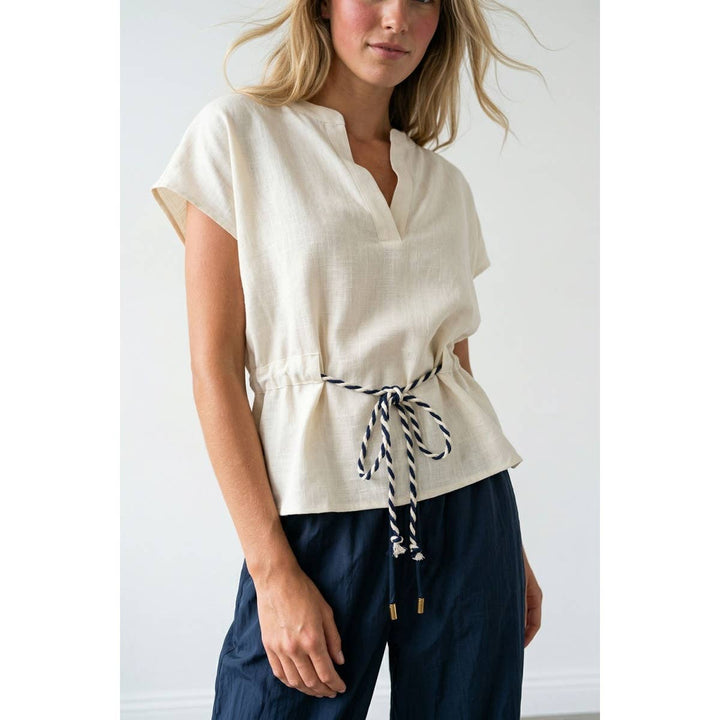 Rope Tie Waist Top: Taupe / M