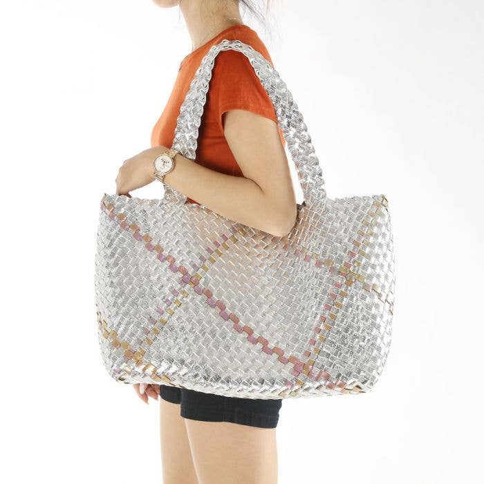 PEACH ACCESSORIES - 60262  Bag in Bag Large Weave tote bag: Silver