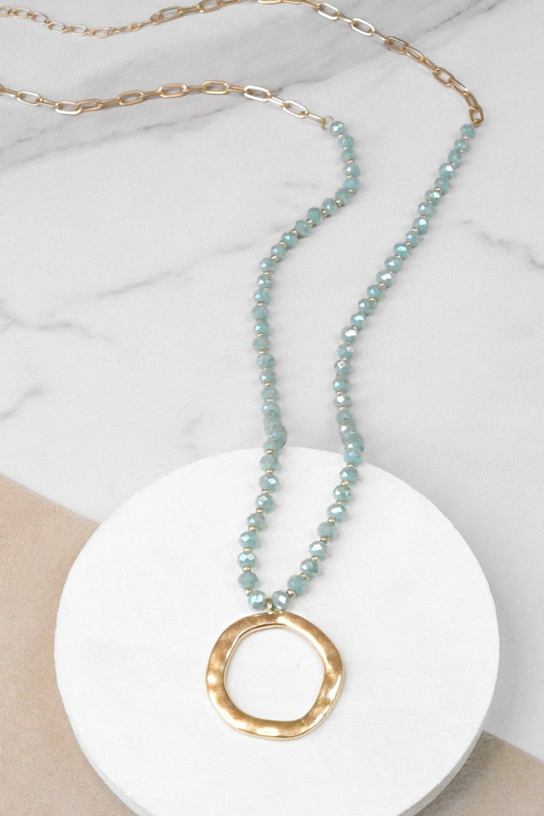 Necklace with Gold Tone Circle Aqua