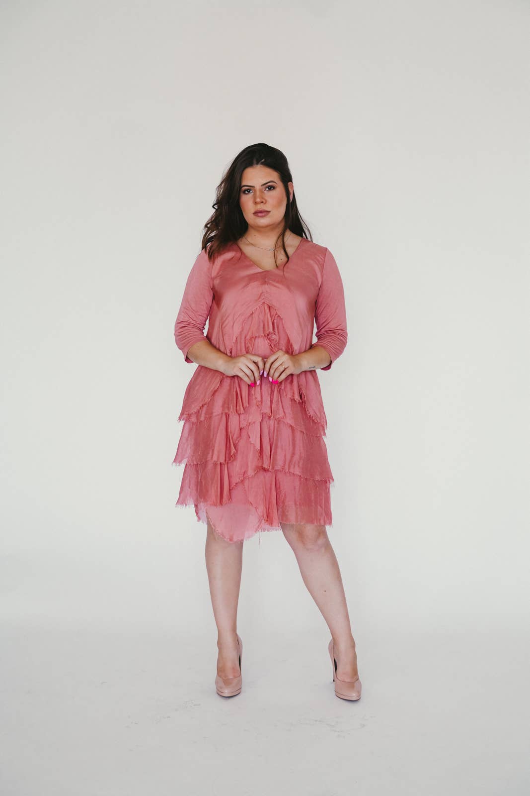 V-Neck Silk Dress : One Size / Guava