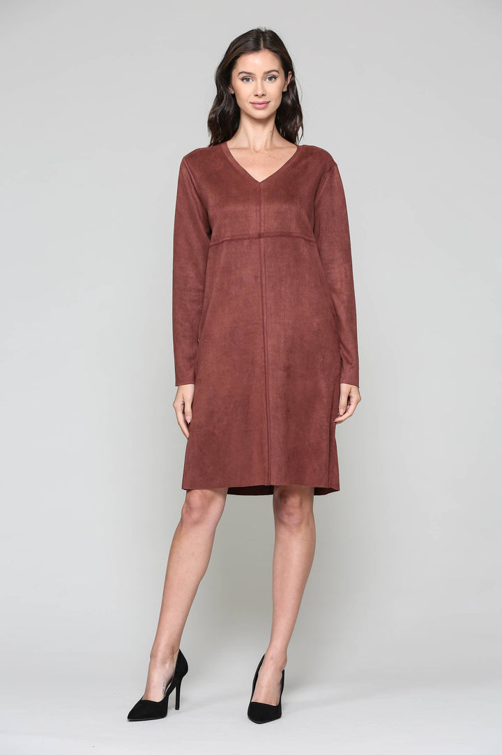 Aurora V-Neck Suede Dress: MAHOGANY / L / 2059V