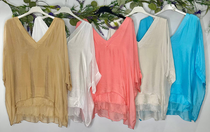 - Silk Vneck Ruffle Top: Taupe