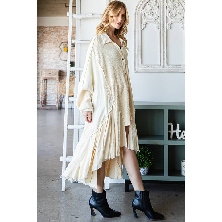 WAFFLE RUFFLE HEM SHIRT: BLACK