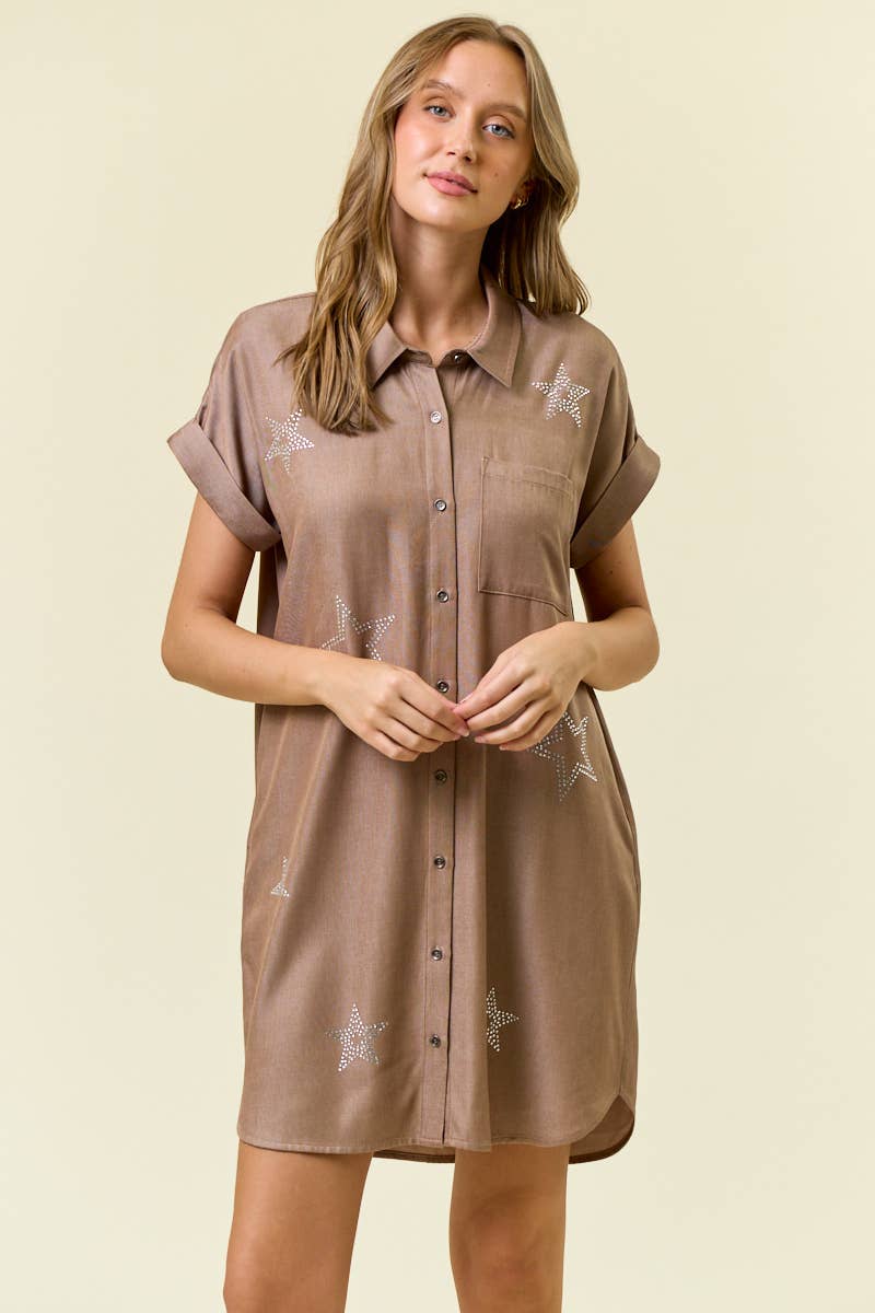 Doe and Rae - STAR STUDDED TENCEL SHIRT DRESS - 28102D: INDIGO / L