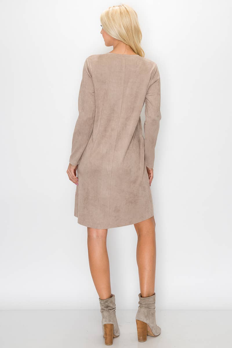 Aurora V-Neck Suede Dress: KHAKI / L / 2059V