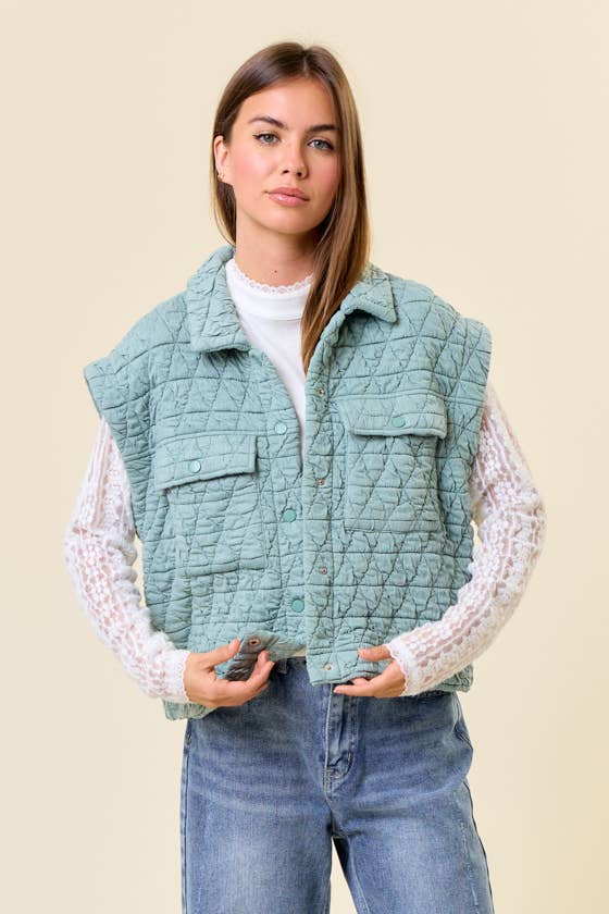 Doe and Rae - QUILTED POINT COLLAR FLAP PATCHED POCKET VEST - 10626J-1: OAT / S