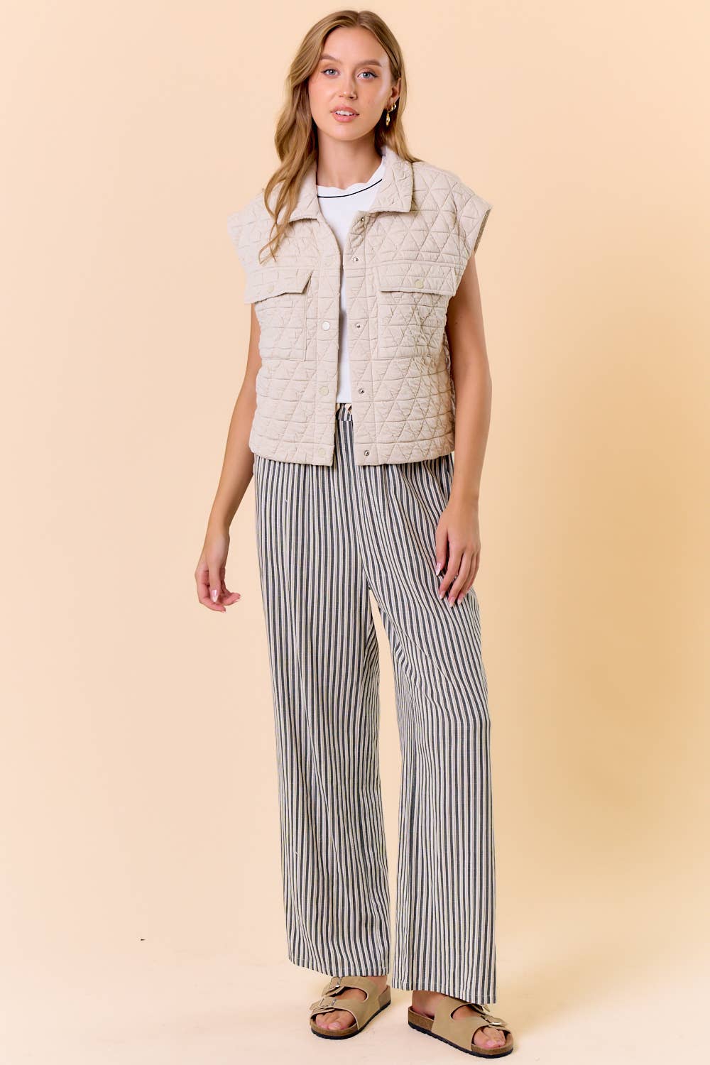 Doe and Rae - QUILTED POINT COLLAR FLAP PATCHED POCKET VEST - 10626J-1: OAT / M