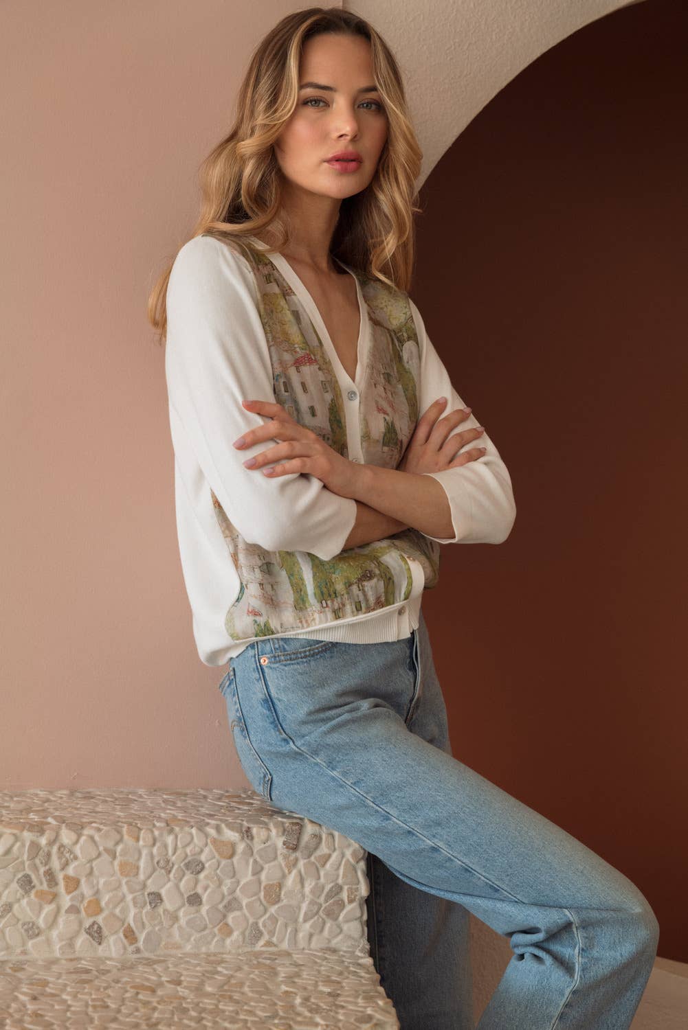 Print Cardigan: White / M
