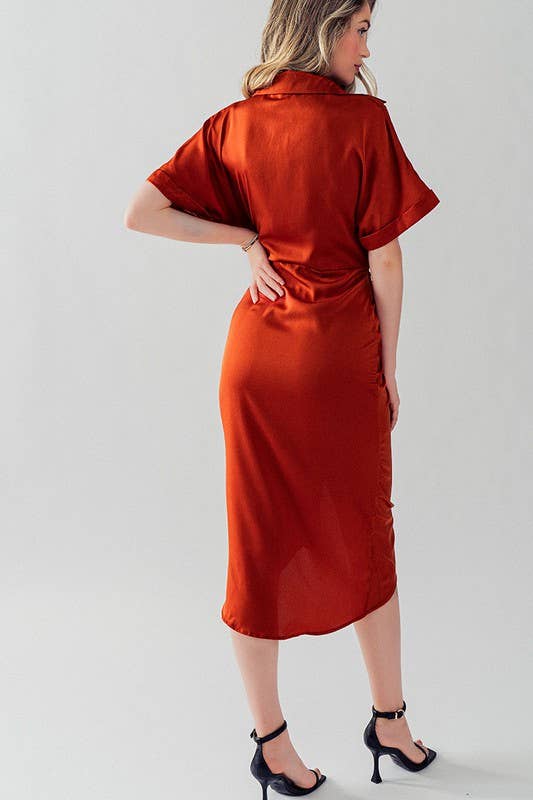 WAIST TIE BELT MIDI SHIRT DRESS: TEAL