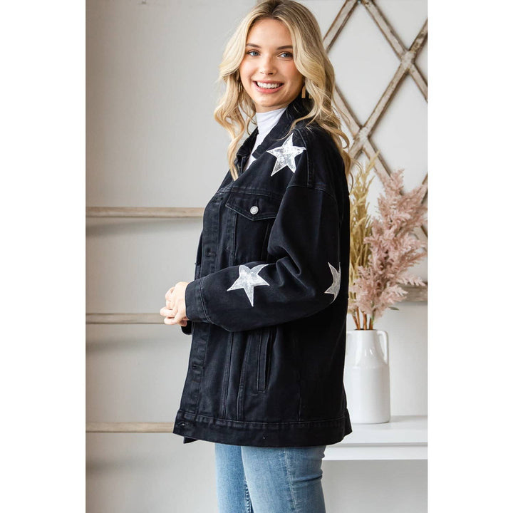Sequins Star Patch Denim Jacket: Black / L
