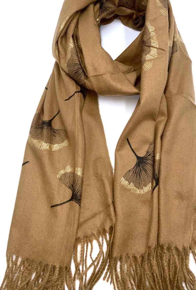 Gingko Leaf Pattern Soft Scarf: White