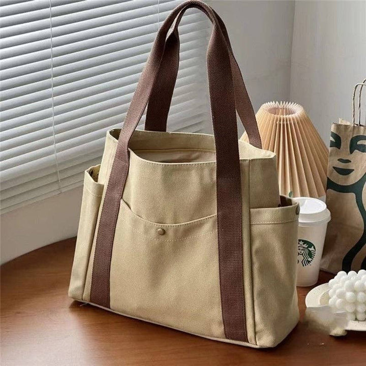 Large Capacity Canvas Shoulder Bag: DEEP BEIGE