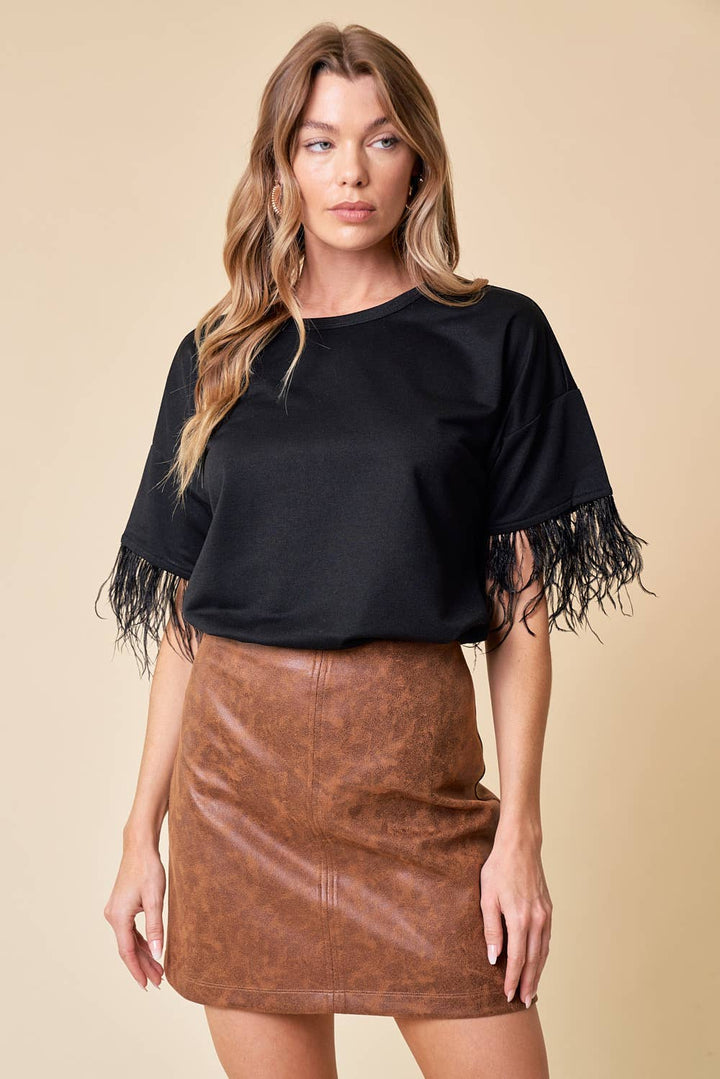 Top With Feather Trim - 13699T: Black / L
