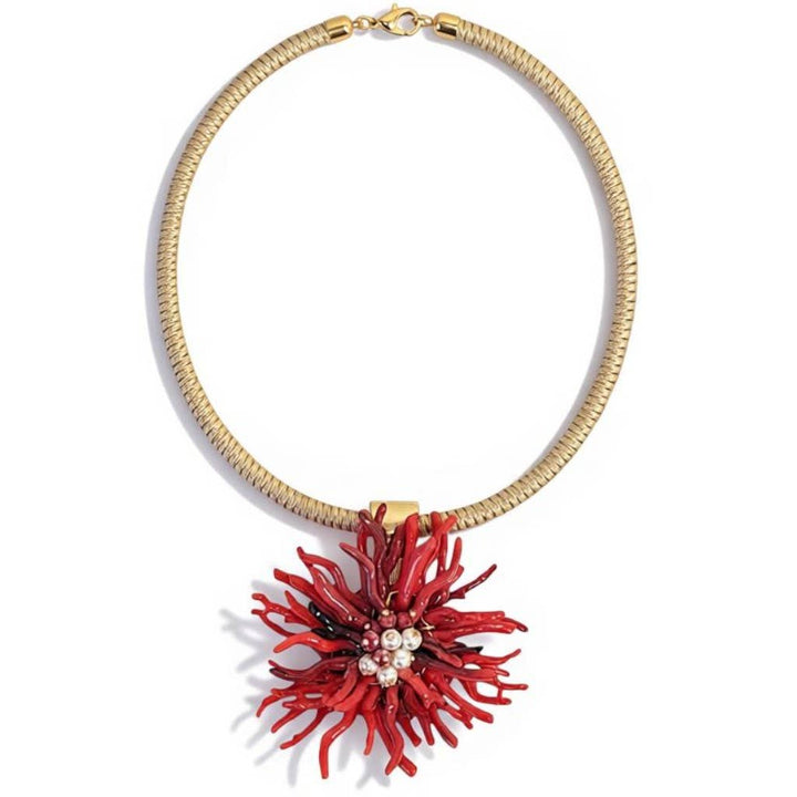 Bijoux Envie Statement Jewelry - Red Coral Flower Collar Necklace | Coastal Statement Jewelry