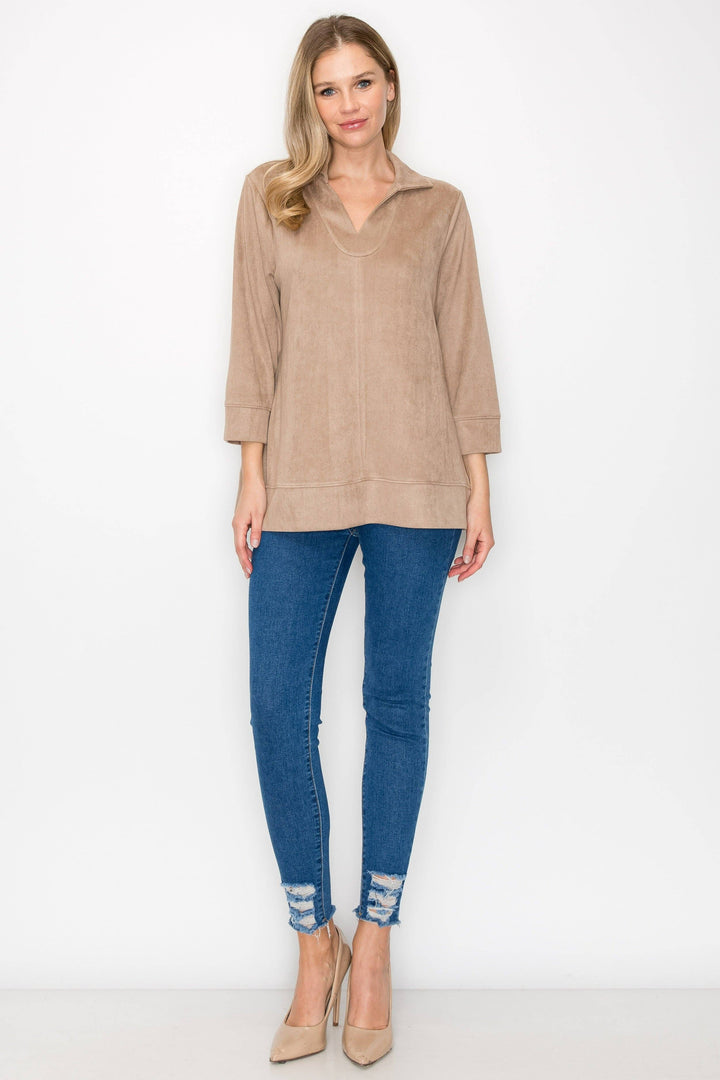 Addison Stretch Suede Top: Khaki / L / 53063A