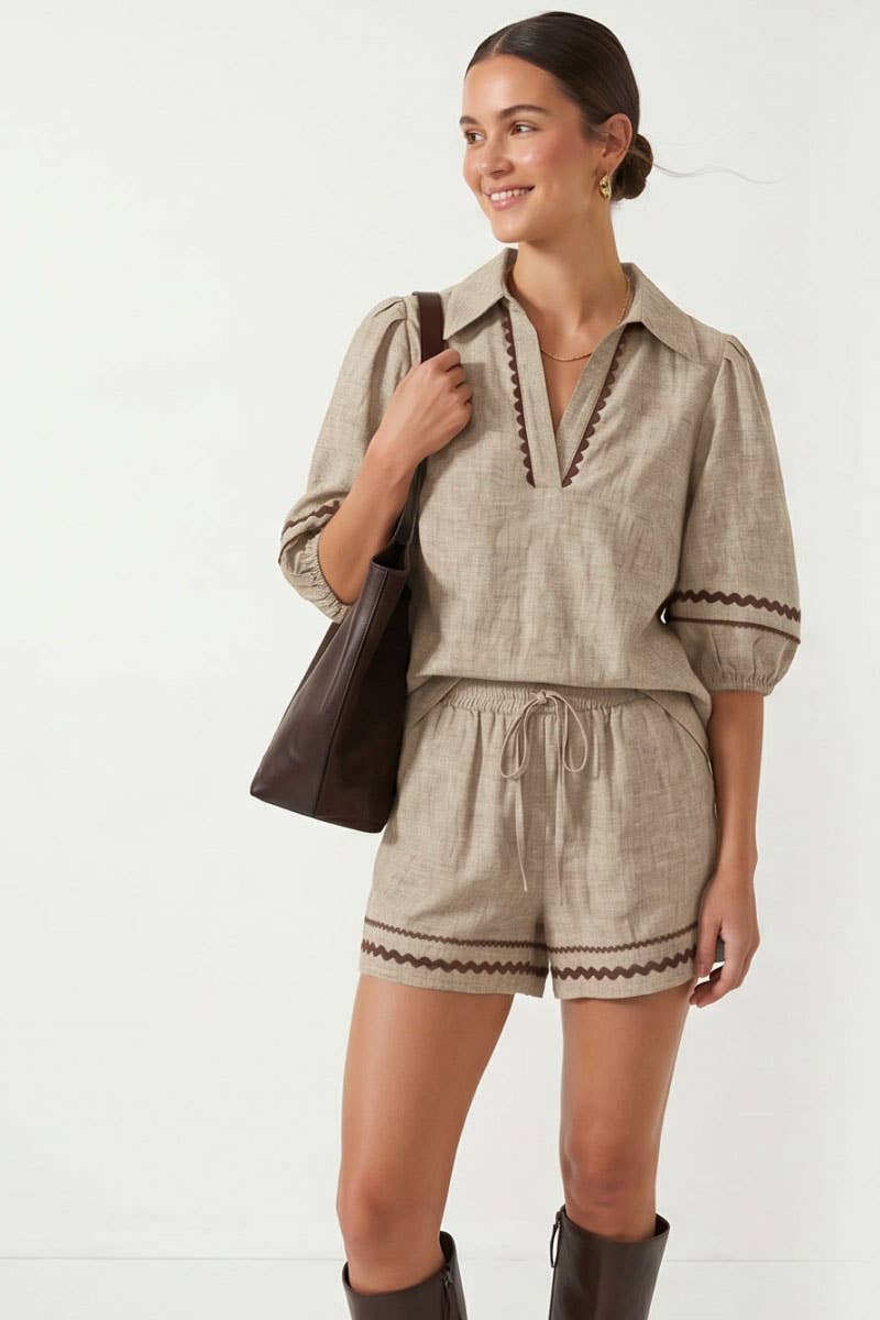 Puff Sleeve Linen Blouse: Red / L