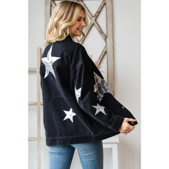 Sequins Star Patch Denim Jacket: Black / L
