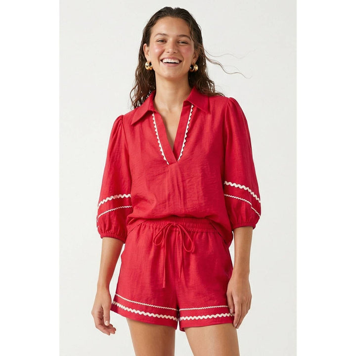 Puff Sleeve Linen Blouse: Red / M