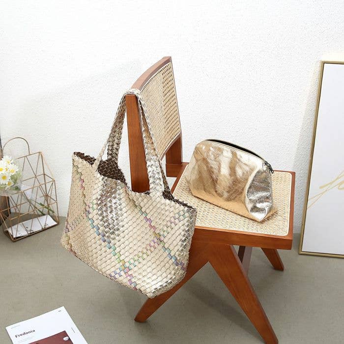 PEACH ACCESSORIES - 60262  Bag in Bag Large Weave tote bag: Silver