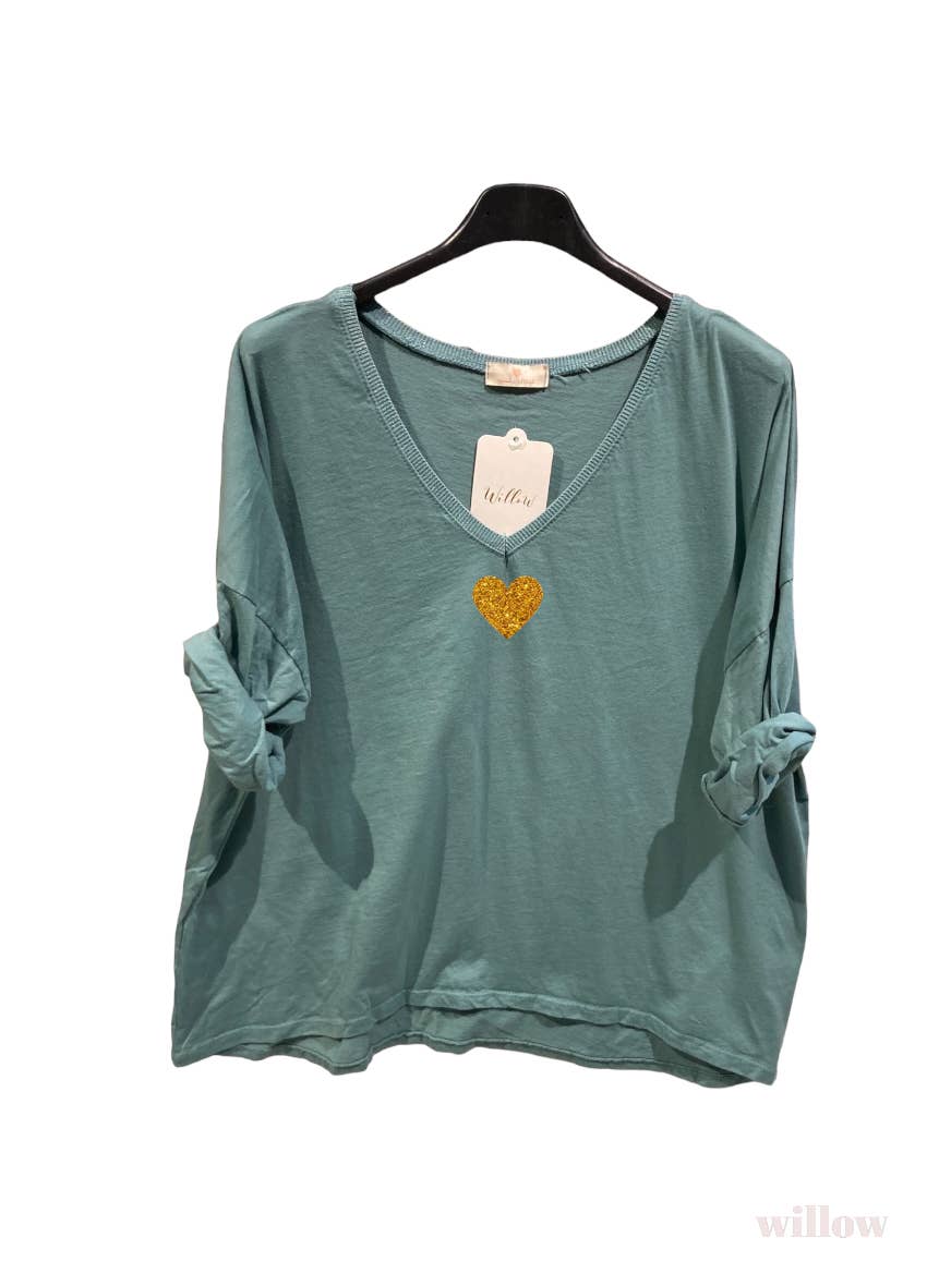 Gold heart long sleeve lurex collar top: Black