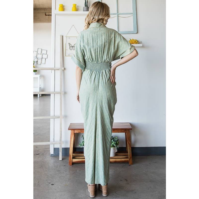 TIE WAIST BUTTON DOWN SHIRT DRESS; NATRL
