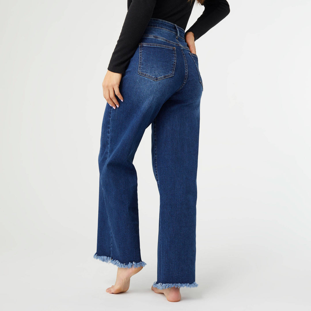 Wide Leg with Frayed Bottom: Dark Denim / S