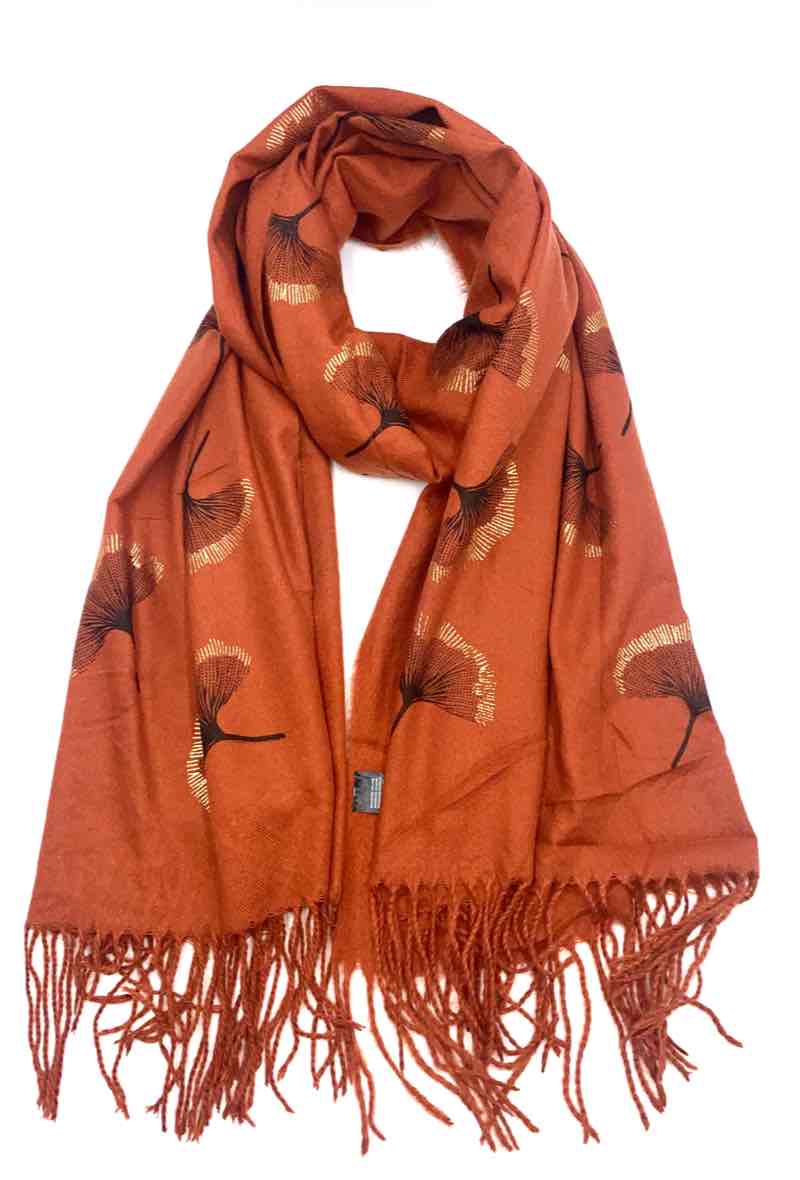 Gingko Leaf Pattern Soft Scarf: Black