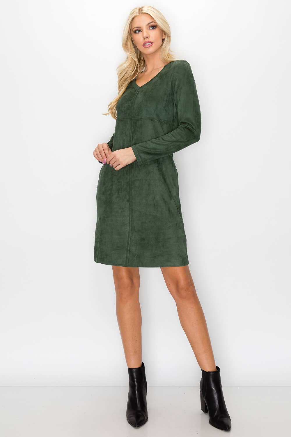Aurora  V-Neck Suede Dress: TEAL / M / 2059V