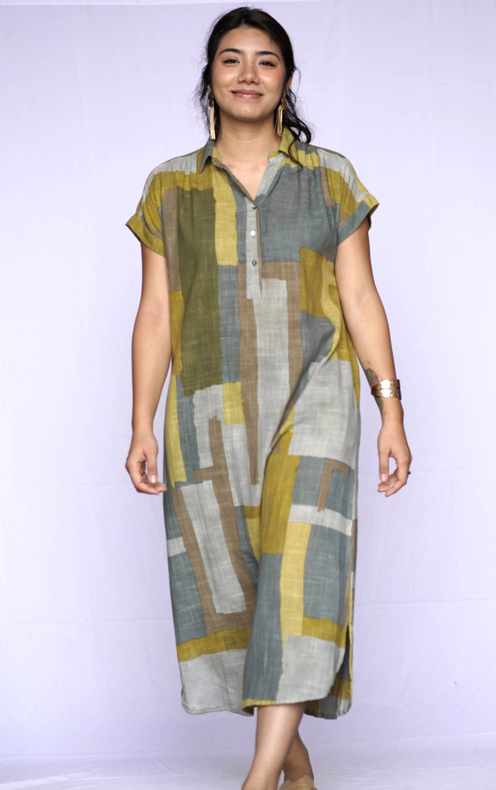 Aya Geo Dress: Mustard / M